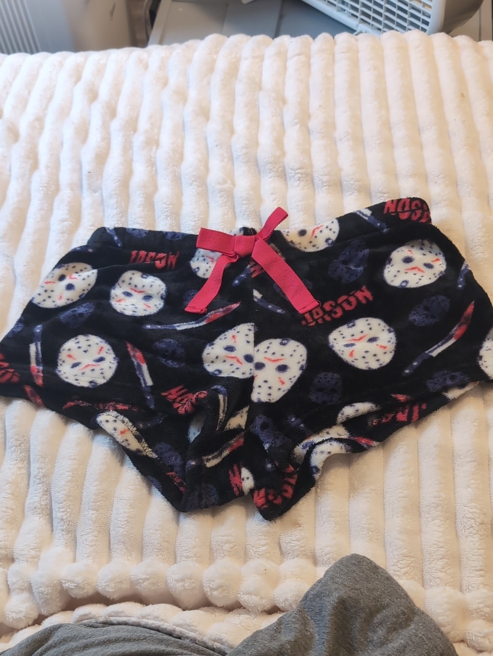Girls' Black Jason Print Fleece Lounge Shorts with Pink Bow